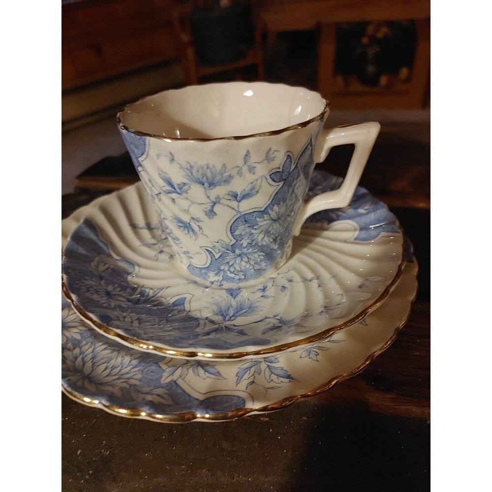 Antique Burgess &‎ Leigh Burslem Cup, Saucer & Plate, 1906-12, Blue Floral Swirl - Picture 2 of 9
